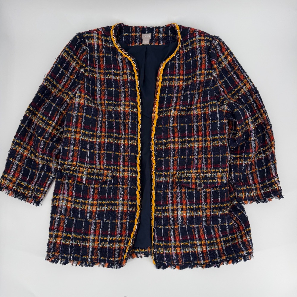 Chicos Tweed Plaid Open Front Jacket Navy Orange Chain Trim Size 4 US 20/22